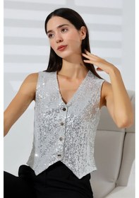Resim Mois Atelier Beyaz Pul Payetli Çıt Çıt Kapama V Yaka Yelek Tasarım Hediye Büyük Beden Beyaz 