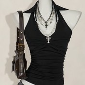 Resim Kadın Retro Twist-Top Backless Crop Top ile Ayarlanabilir Askılar ve Crossbody Çanta - Siyah Esnek V-Yaka Kolsuz Tank Top Casual Kıyafetler için, Çok Yönlü Moda Parçası, Şık Tasarım, Rahat Uygunluk 
