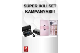 Resim Pileli Store Wireless Şarjlı Pembe Akıllı Saat ve Kablosuz Bluetooth Kulaklık Dokunmatik Kontrol 