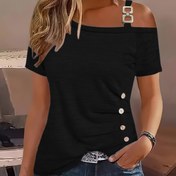 Resim Kadınların Seksi Omuz Üstü Kısa Kollu T-Shirt - Düz Renk Mavi, Parmak Deliği ile Düğmeli Tasarım, Bahar ve Yaz Rahat Giyim için Mükemmel, Çok Yönlü Katlama Parçası | Şık Omuz Detayı | Polyester Karışımı 