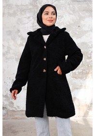 Resim Bestenur Çift Cepli Tesettür Peluş Kap 1245 - Siyah 