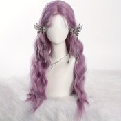 Resim Sentetik Isıya Dayanıklı Küçük Dantel Peruk 76.2cm Uzunlukta Mor Dalgalı Peruk Kadınlar İçin Orta Bölme Kıvırcık Dalgalı Peruk Günlük Parti Cosplay Halloween Noel Kullanımı 
