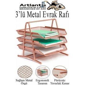 Resim Bakır Yaldız Metal Evrak Rafı 3 Lü Ve Masaüstü Kalemlik 1 Paket Masaüstü A4 Dosya 3 Katlı Düzenleyici Kağıt Tepsi Metal Bakır 