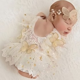 Resim 2 Adet Yenidoğan Fotoğraf Çekimi Kıyafeti Kızlar Kelebek Simli Yıldız Tulum ve İnci Saç Bandı Seti 