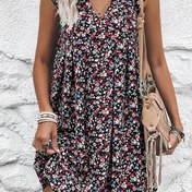 Resim Kadınlar için şık çiçek desenli V-Neck elbise - Kolsuz A-Line midi elbise, ruffle hem, siyah ve kırmızı çiçek deseni, bahar ve yaz için mükemmel, rahat fit elbise | Ruffle hem elbise | Polyester kumaş 