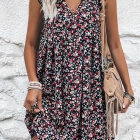 Resim Kadınlar için şık çiçek desenli V-Neck elbise - Kolsuz A-Line midi elbise, ruffle hem, siyah ve kırmızı çiçek deseni, bahar ve yaz için mükemmel, rahat fit elbise | Ruffle hem elbise | Polyester kumaş 