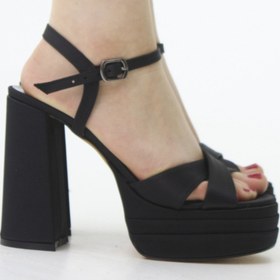 Resim Genel Markalar SİYAH SATENÇAPRAZ BANT ARKASI AÇIK ÇİFT PLATFORM ABİYE AYAKKABI 12CM 