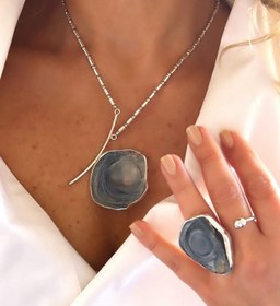 Resim Doğaltaş Gümüş Kalsedon Taşlı Kolye ve Yüzük Set 