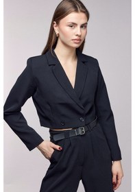 Resim Saade Sââde Kadın Regular Fit Kruvaze Kapama Dokuma Crop Blazer Ceket -şık & Spor Siyah 