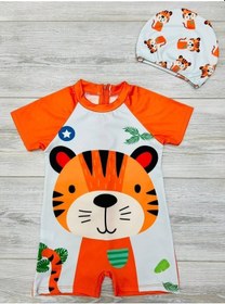 Resim My Kids Wear Çizgi Film Desenli Fermuarlı Boneli Erkek Çocuk Mayo Takımı Turuncu 