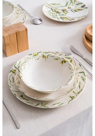 Resim Olive 48 Parça 12 Kişilik Premium Porselen Yemek Takımı Akdeniz Zeytin Desenli Yeşil 