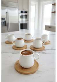 Resim Kapris 18504 6 Lı Bambu Tabaklı Porselen Kahve Fincanı Takımı Beyaz 