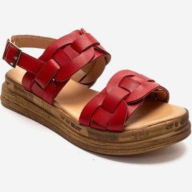 Resim Luvishoes Elvoro Kırmızı Hakiki Deri Örgü Bantlı Kadın Sandalet 