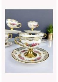 Resim Kosova Lüx Porselen Ayaklı Vintage 6 Lı Fincan Takımı 90cc Çok Renkli 