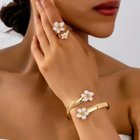 Resim 2 Adet Şık Emaye Çiçek Desenli Delikli Bileklik ve Yüzük Seti, Kadınlar İçin Çok Yönlü Takı Hediyesi 