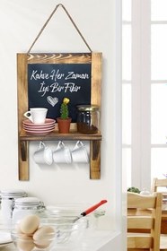 Resim Ahşap Yazı Tahtalı Mutfak Rafı Ve Kupa Bardak Askılığı 