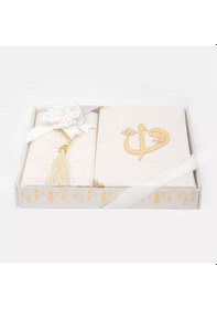 Resim Kuran + Seccade + Tesbih Hediye Seti Orta Boy, Kadife, Desenli Kutu, Beyaz 