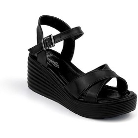 Resim Kadın Siyah Tokalı Dolgu Topuklu Sandalet 6 Cm Rahat Yüksek Topuklu Siyah 