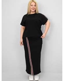 Resim Koza Butik Kadın Büyük Beden Kısa Kollu Şeritli Etek Takım 8204-25 