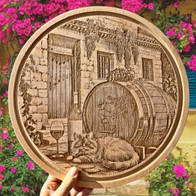 Resim Uyuyan Kedi Figürlü Ahşap Şarap Sunum Tahtası 