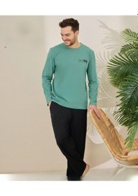 Resim Pijamoni Erkek Pamuklu Bisiklet Yaka Uzun Kol İnce Pijama Takımı 6150/5 - 1 Adet Yeşil 