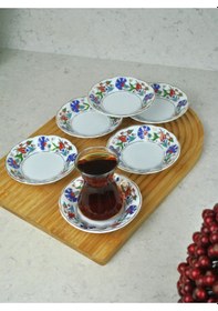 Resim 6'lı Porselen Çay Tabağı Lale Motifli Osmanlı Deseni Beyaz - mavi 