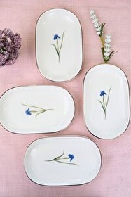 Resim Tabak Evi Porselen Natura İris Altın Yaldızlı Oval Kayık Tabak 18x11x2.5 CM 4'lü 