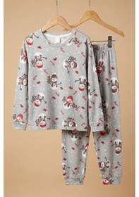 Resim Zuzunga Unisex Yılbaşı Temalı Cute Kardan Adam Desenli Çocuk Pijama Takımı Gri 