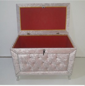 Resim Çeyiz Sandık Kapitone Büyük 3lü Set Model Pembe Kadife Kumaş İçi Kırmızı El Yapım 