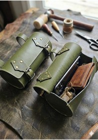 Resim Hakiki Deri Retro Tasarım Bisiklet Gidon Çantası Zeytin Yeşili Yeşil 