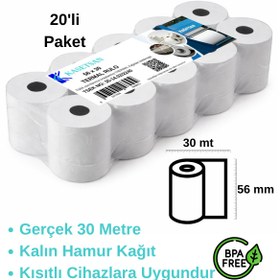 Resim Kasetsan Kağıtsan 56x30 Termal Pos Rulosu 20'li Paket BPA’sız Pompa ve Sabit Pos 