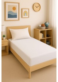 Resim 140 X 200 Cm Düz Pamuklu Tek Kişilik Lastikli Fitted Penye Çarşaf Beyaz 
