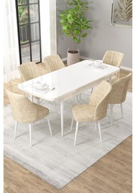 Resim Arel Beyaz 80x132 Açılabilir Mdf Masa Yemek Odası Takımı, Mutfak Takımı 6 Adet Sandalye Beyaz Masa - 6 Krem - Beyaz Ayak 