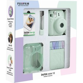 Resim Fujifilm Instax Mini 12 Yeşil Fotoğraf Makinesi 10'lu Film Simli Pleksi Kılıf Mandal ve Kıskaçlı Resim Standı Bundle Box 