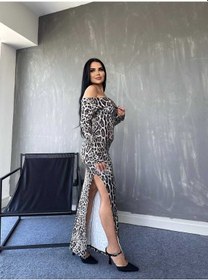 Resim Hazego Kadın Madonna Yaka Dalgıç Kumaş Leopar Desen Maxi Boy Derin Yırtmaçlı Elbise Leopar 