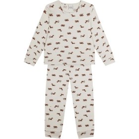 Resim Antebies Organik Bej Rakun Desenli Beli Lastikli Uzun Kollu Erkek Çocuk Pijama Takımı Kahve 