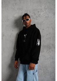 Resim Erkek 3 İplik Pamuklu Kapüşonlu Kanguru Cepli Baskılı Oversize Hoodie Sweatshirt - Siyah Siyah 