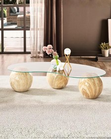 Resim Modern Orta Sehpa & Küre Sehpa & Top Sehpa & Şeffaf Fasulye Cam & Traverten Desen 