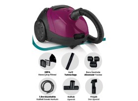 Resim Mor Yıkanabilir Toz Torbalı Elektrikli Süpürge, 2,5 Litre Kapasiteli, 5 Yıl Garantili 