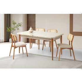 Resim Ahşap Salon Yemek Masa Sandalye Takımı 4 Sandalyeli Ortadan Açılır Büyüyen Krem 80x130cm Naturel-beyaz 