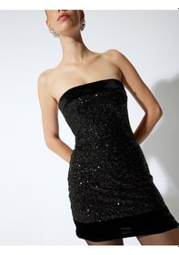 Resim Koton Straplez Pullu Payetli Mini Slim Fit Kolsuz Abiye Elbise Siyah 5wak80148fk Siyah 