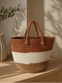Resim Simple Living Kadın Örgü Handmade Omuz Çantası - Renk Bloklu, Yazlık Büyük Boy Günlük & Dekor & Plaj Çantası 