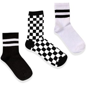 Resim Socks Stations Ünisex Siyah Beyaz Damalı Ve Çizgi Desenli 3'lü Tenis Çorap Spor Çorap 