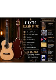 Resim Qcg2303n Elektro Klasik Gitar 39 4 Bant Ekolayzırlı, Gül Ağacı Klavye Full Set: Askı, Tel, Pena, Capo, Tuner, Temizleme Bezi Hediye Natürel 