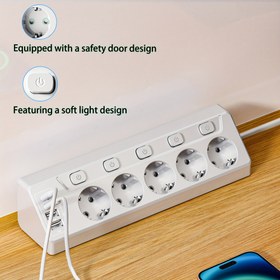 Resim 9’ü 1 Arada Üçgen Priz: 9 Çıkışlı EU (CEE 7/7) + 5×16A AC Port | 4 USB Soketi, 2 Type-C & 2 A-Type, Katı Bakır İç Şöhleli 1.5mm² Kablo Uzunluğu 2.0m, 3680W Maksimum Yük ile Oturma Odası, Seyahat şarj cihazı ve Kompakt Teknoloji Tutucu i 