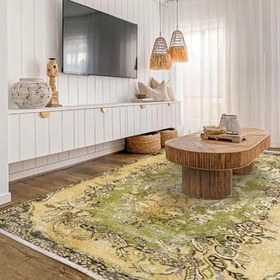 Resim Yeşil Oryantal Modern Geometrik Etnik Eskitme Desenli Boho Makinada Yıkanabilir Hafif Hav Toz Vermez Leke Tutmaz Kaymaz Taban Dijital Makine Baskı Halı Oturma Odası Salon Yolluk Koridor Mutfak Halısı 