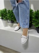 Resim Kadın Günlük Ve Ofis İçi Çapraz Taşlı Babet Ayakkabı Ekru 