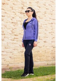 Resim Kadın Lila Iki Şeritli Biyeli Fermuarlı Kapüşonlu Spor Eşofman Ta 