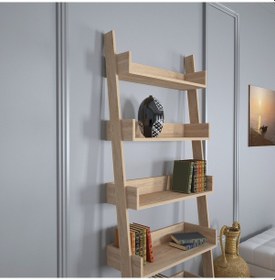 Resim Pasifichome Only Raflı Açık Meşe Merdiven Kitaplık / Duvara Monte Kitaplık 