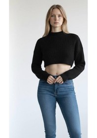 Resim Miss Poem Siyah Kadın Boğazlı Fitilli Crop Triko Kazak Siyah 